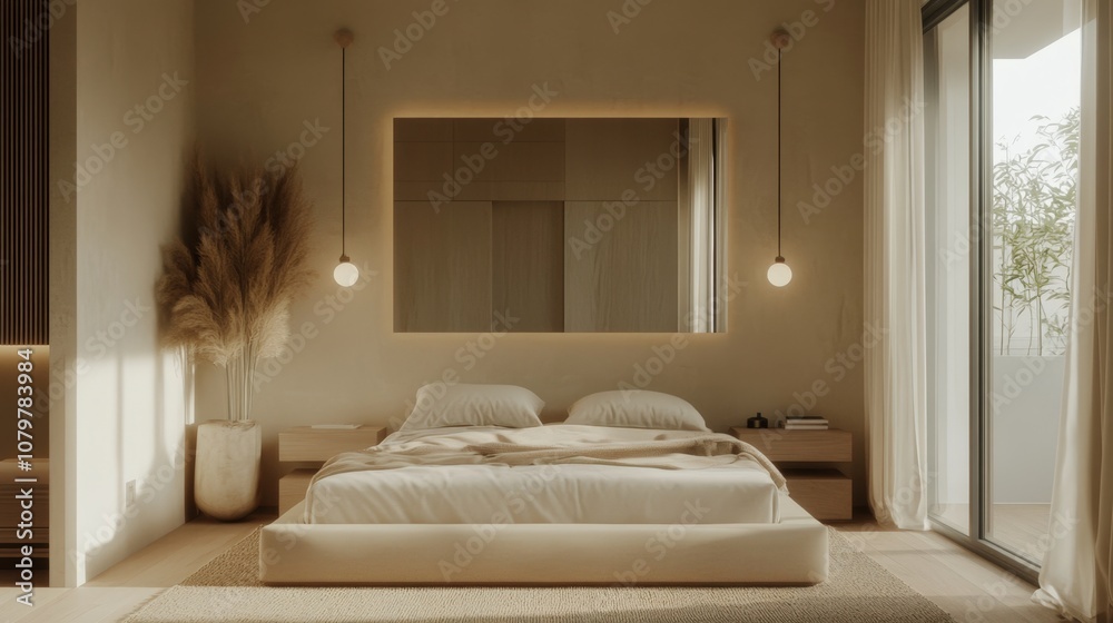 Fototapeta premium Cozy and inviting bedroom interior with warm lighting and natural elements