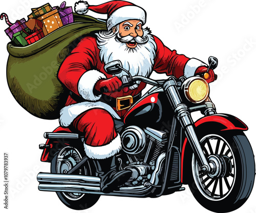 Santa riding a Harley with a sack of gifts behind him
