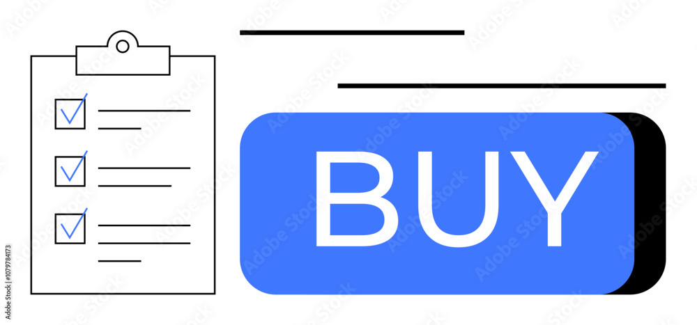 Checklist on clipboard beside a large BUY button symbolizing shopping and purchasing. Ideal for e-commerce, online shopping, digital marketing, electronic payments, website design, business strategy Checklist on clipboard beside a large BUY button symbolizing shopping and purchasing. Ideal for e-commerce, online shopping, digital marketing, electronic payments, website design, business strategy
