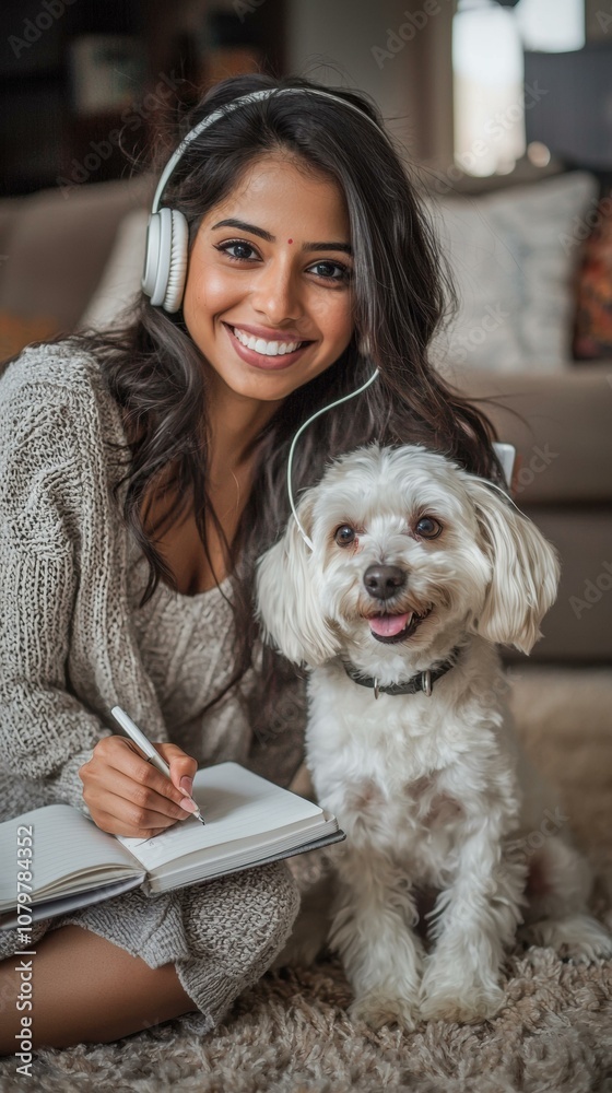 A woman smiles while writing in a notebook and listening to music with her dog by her side. AI. A woman smiles while writing in a notebook and listening to music with her dog by her side. AI.