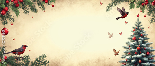 Two cardinals perch on branches beside a beautifully decorated evergreen tree with ornaments and a star, capturing the spirit of winter festivities.