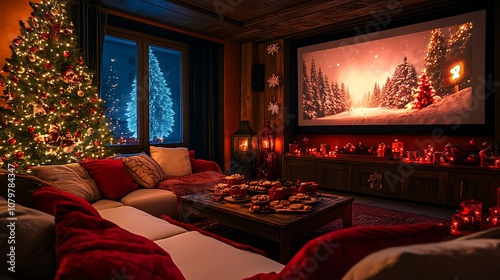 Living room set up for a Christmas movie night, soft lighting from a decorated Christmas tree, a big screen displaying a holiday classic, comfy sofa with red and white cushions, photo