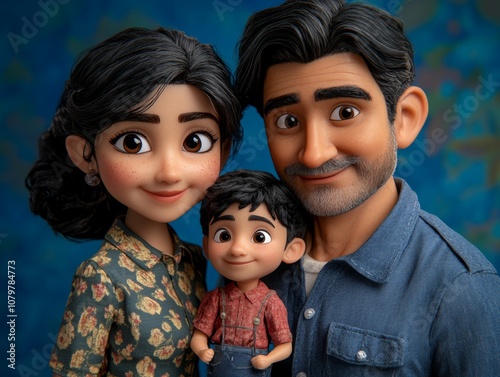 A family portrait featuring a couple and their child in a playful, animated style.