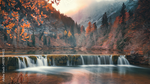 Mountain Canyon Waterfall with Autumn Colors at Sunset