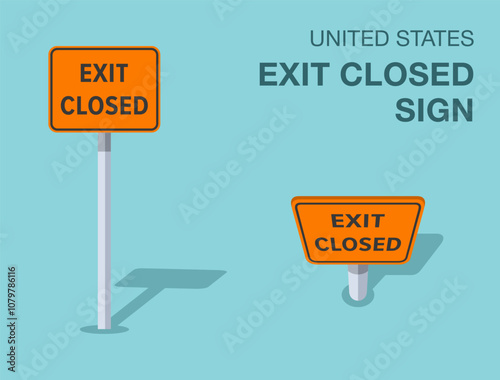 Traffic regulation rules. Isolated United States "exit closed" road sign. Front and top view. Flat vector illustration template.