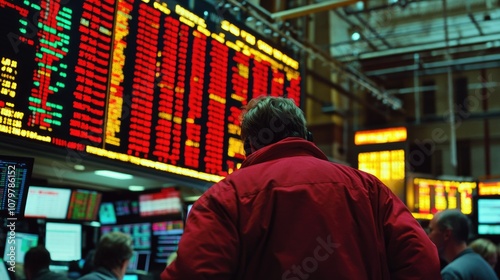 A stockbroker watches the stock market ticker in a bustling trading floor.