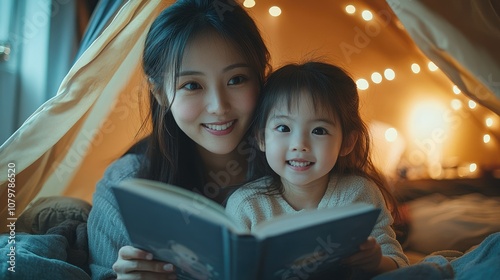 A young mother and her daughter are smiling at the camera as they read a book together inside a tent made of blankets. photo