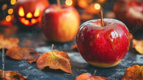 A caramel apple with fall leaves and a jack-o-lantern. This image is perfect for a blog post about fall recipes, decorations, or traditions. photo