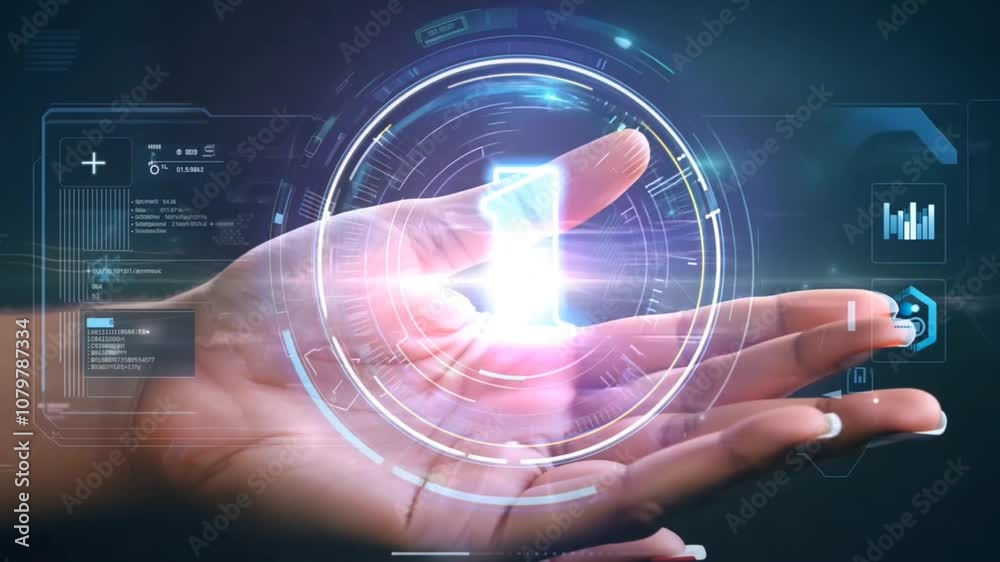 Futuristic digital number 1 in a holographic interface over a hand Futuristic digital number 1 in a holographic interface over a hand