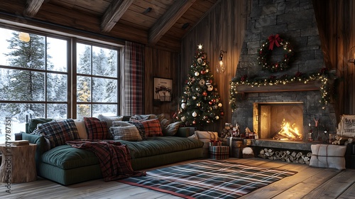 Rustic Christmas cabin scene, wooden interior with a roaring fireplace, decorated Christmas tree with handmade ornaments, plaid blanket and pillows on the sofa, warm and inviting ambiance,