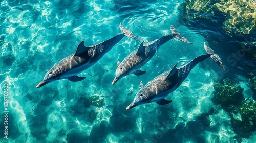 Three Dolphins Swimming in Clear Blue Water