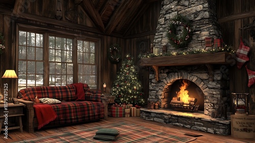 Rustic Christmas living room, log cabin interior with a stone fireplace, natural wood decor, tree with handmade ornaments, plaid blanket on a sofa, warm glow from the fire, cozy and nostalgic vibe,