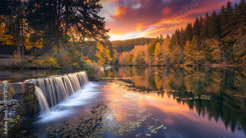 Majestic Waterfall and Lake Surrounded by Autumn Foliage at Sunset