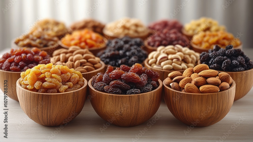 Assortment of dried fruits and nuts in wooden bowls on white table. Assortment of dried fruits and nuts in wooden bowls on white table.