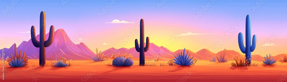 A vibrant desert landscape featuring iconic cacti and a stunning sunset. The colorful sky transitions from yellow to purple, creating a serene atmosphere.