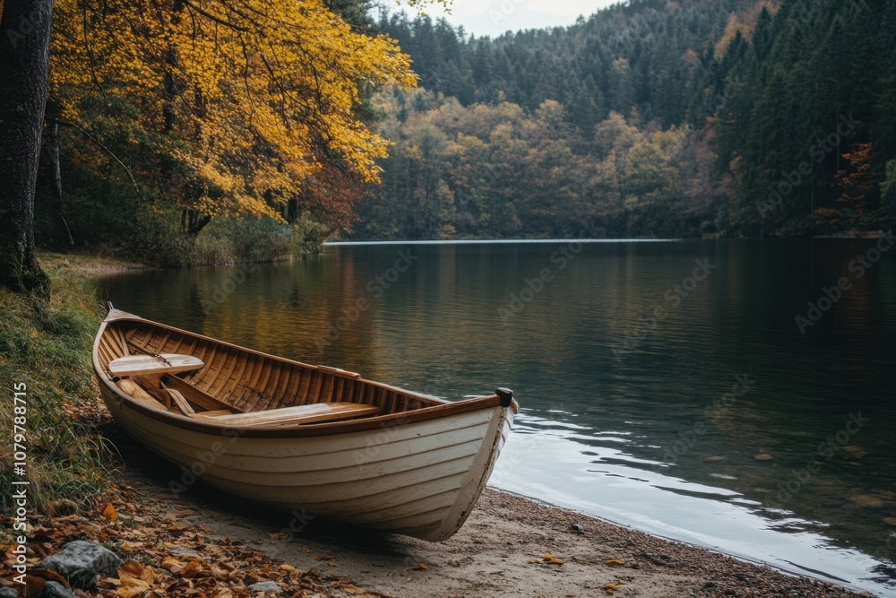Wooden rowboat on a sandy beach in autumn. Wooden rowboat on a sandy beach in autumn.
