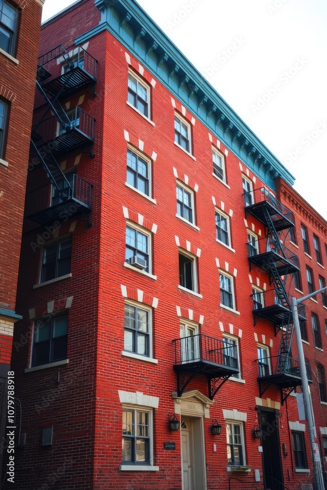 Obraz premium Red brick building with fire escapes