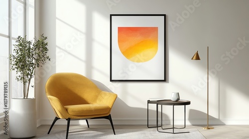 mockup visual preview mockup visual preview Modern living room with art and yellow chair. photo