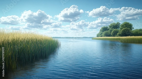 Serene river landscape with lush vegetation and blue sky.