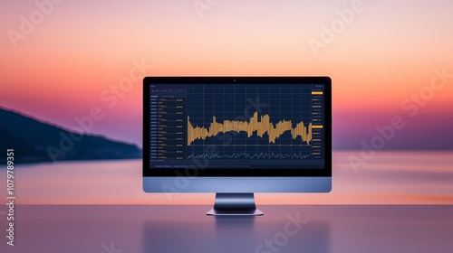 Investor research visualized as a digital report with trend charts on a sleek monitor overlooking a breathtaking ocean view at dawn, suggesting clarity in investment insights