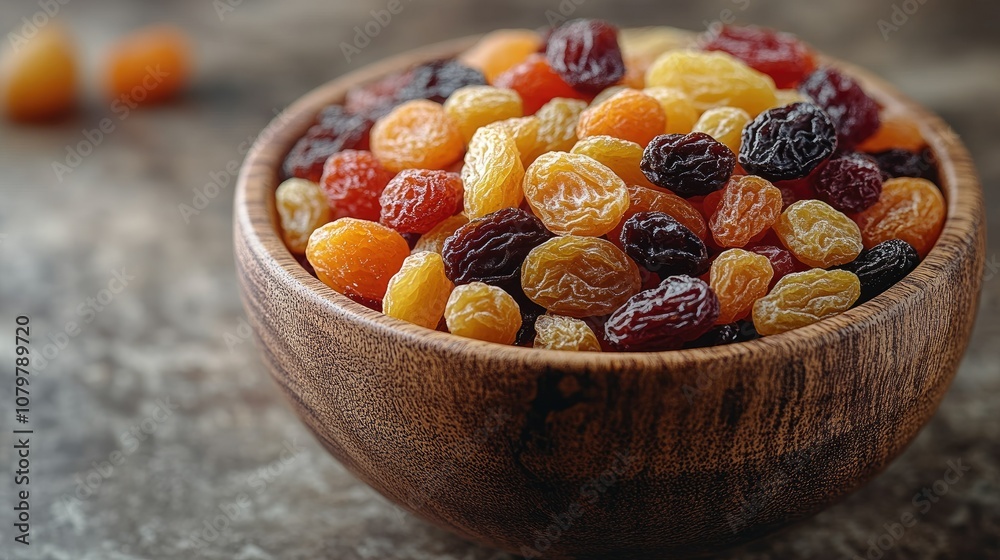 Close-up of a wooden bowl filled with a variety of raisins. Close-up of a wooden bowl filled with a variety of raisins.