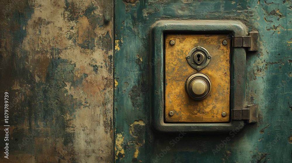 Close up of an old rusty metal safe door with a keyhole and a handle. Close up of an old rusty metal safe door with a keyhole and a handle.