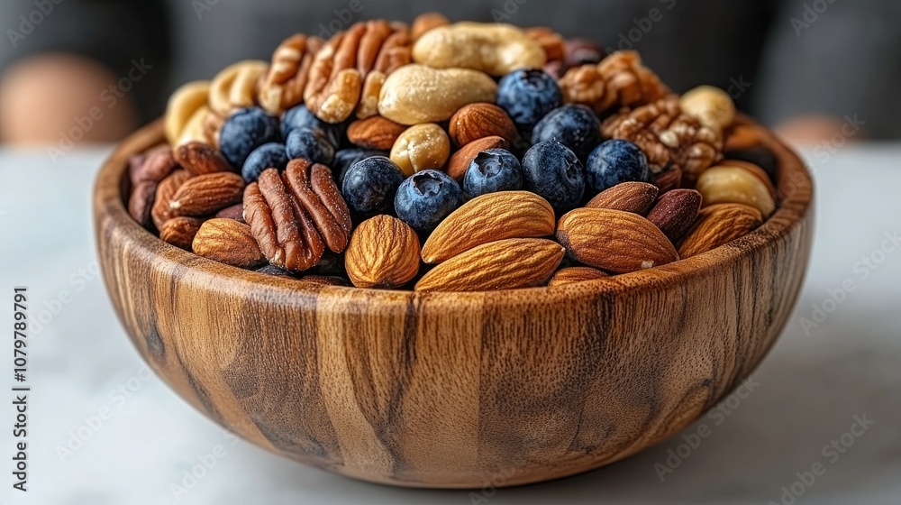 Close-up of a wooden bowl filled with almonds, pecans, cashews, and blueberries. Close-up of a wooden bowl filled with almonds, pecans, cashews, and blueberries.