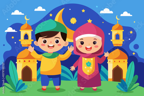  Eid Mubarak with vibrant color boy and girl cartoon character and illustration