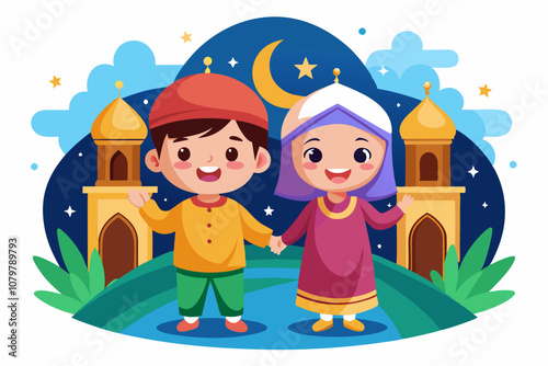  Eid Mubarak with vibrant color boy and girl cartoon character and illustration