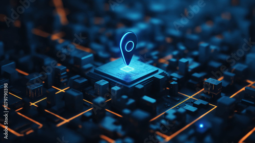 A hyper-realistic blue futuristic map pin with AI technology-inspired elements. Ideal for navigation concepts, tech branding, and futuristic UI design.