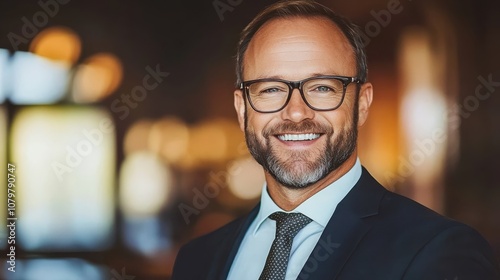 Portrait of a smiling businessman wearing glasses in a suit, exuding confidence and success.