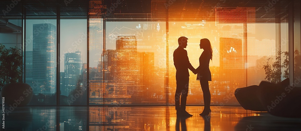 Couple Silhouette at Sunset in a Modern City Couple Silhouette at Sunset in a Modern City