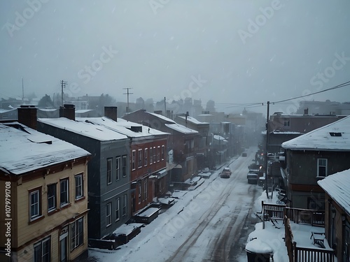 Snowy Street in a Town with a Row of Houses and a Car photo