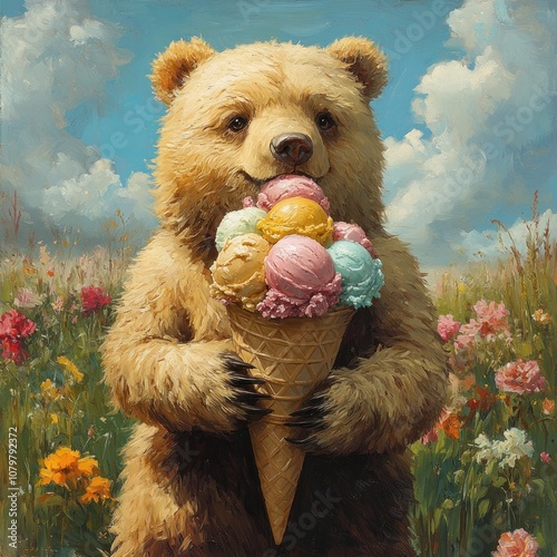 A happy bear holding a cone of ice cream with colorful scoops in a field of flowers. photo