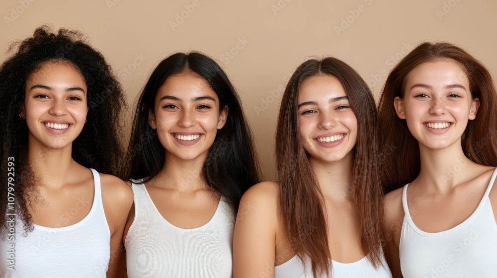 Joyful group of young women smiling together in studio portrait photography light background empowerment and diversity theme Joyful group of young women smiling together in studio portrait photography light background empowerment and diversity theme