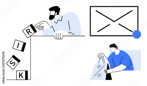 Businessman moves blocks spelling RISK, large unopened envelope icon, person holds shopping bag with percentage sign. Ideal for business, risk management, communication, mail services, shopping