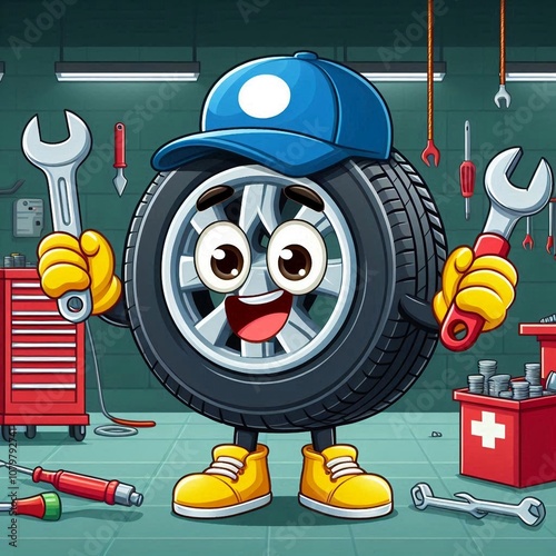 Illustration of a Happy Tire Character in a Workshop photo