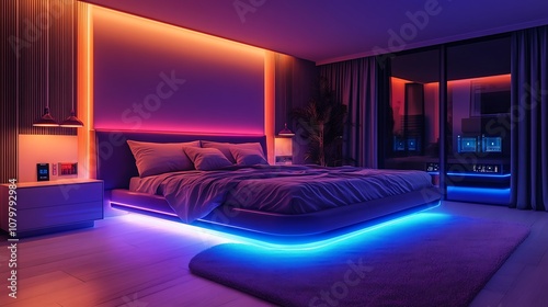 A high-tech bedroom with sleek  minimalist furniture  integrated LED mood lighting around the bed frame  and a smart home system control panel on the wall  creating a futuristic 
