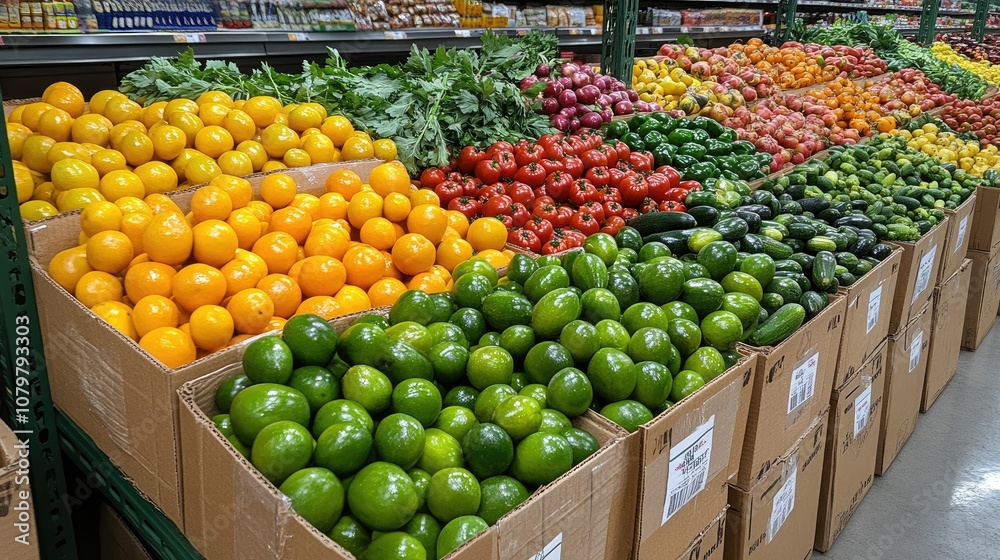 Fresh produce displayed in a grocery store, including oranges, limes, tomatoes, peppers, and cucumbers. Fresh produce displayed in a grocery store, including oranges, limes, tomatoes, peppers, and cucumbers.