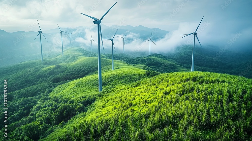 Wind Turbines on a Mountainside with Rolling Green Hills and Fog Wind Turbines on a Mountainside with Rolling Green Hills and Fog