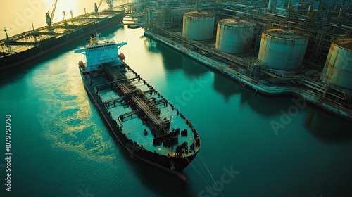 Aerial View of an Oil Tanker Moored at a Refinery