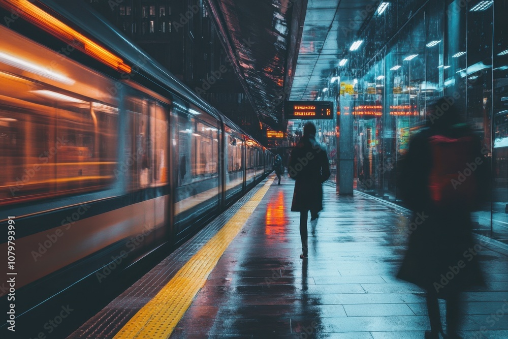 A blurry train speeds through a subway station as a person walks away. A blurry train speeds through a subway station as a person walks away.