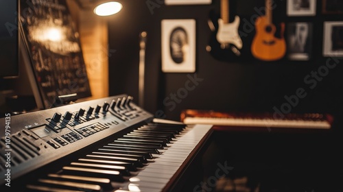 Music Studio with Electronic Keyboard and Acoustic Guitars in Warm Lighting photo