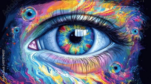 Vibrant abstract eye art with colorful, swirling patterns and intricate detail.