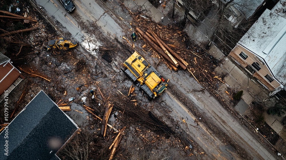 Aerial View of a Yellow Log Loader Clearing Debris After a Storm Aerial View of a Yellow Log Loader Clearing Debris After a Storm