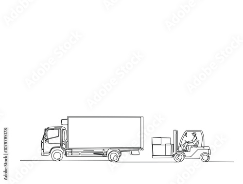 Continuous one line drawing of worker driving forklift and truck. Forklift and truck single line art vector illustration. Editable vector.