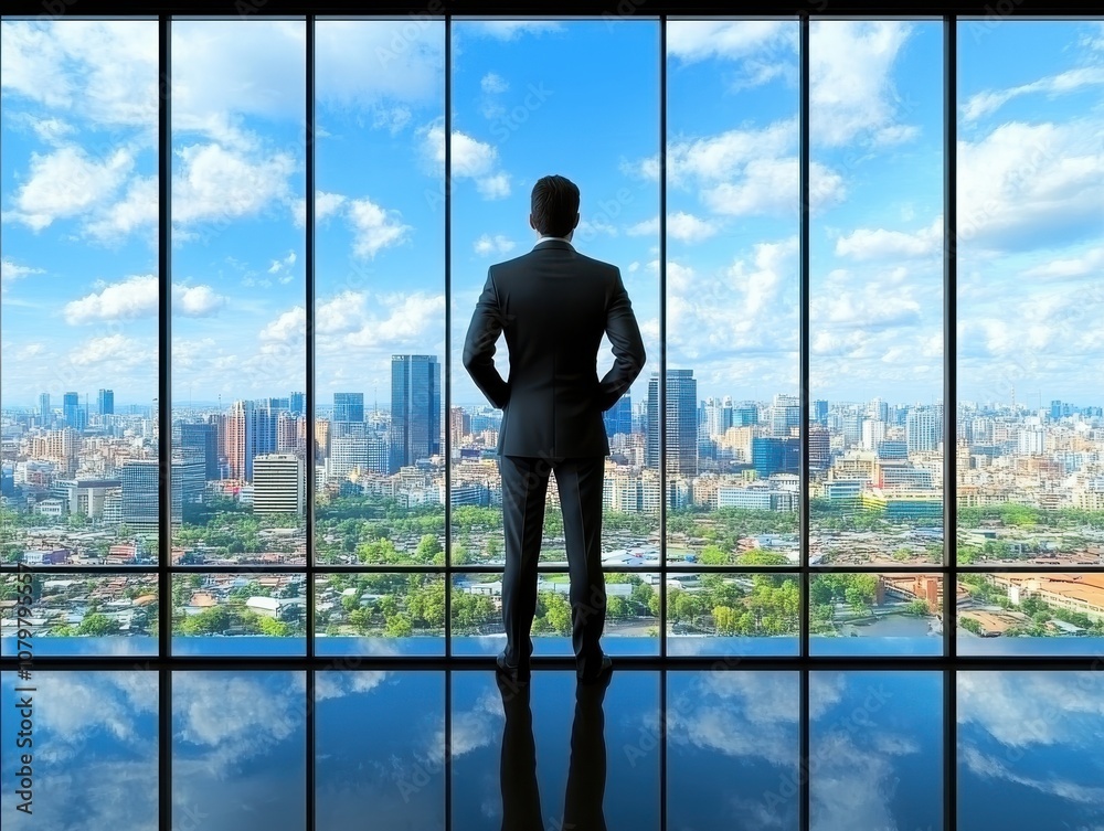 A businessman stands at a window, overlooking a city skyline on a clear day. A businessman stands at a window, overlooking a city skyline on a clear day.