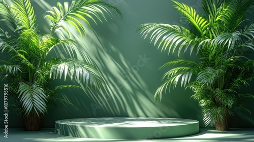 Green podium with palm trees and sunlight.