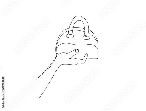 Continuous one line drawing of Lady's hand bag. Hand holding handbag single line art vector illustration. Editable vector.