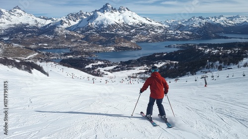 Beginner Skier Moving Carefully Down a Gentle Slope Surrounded by Majestic Mountain Landscape and Scenic Water View During Winter Sports Season